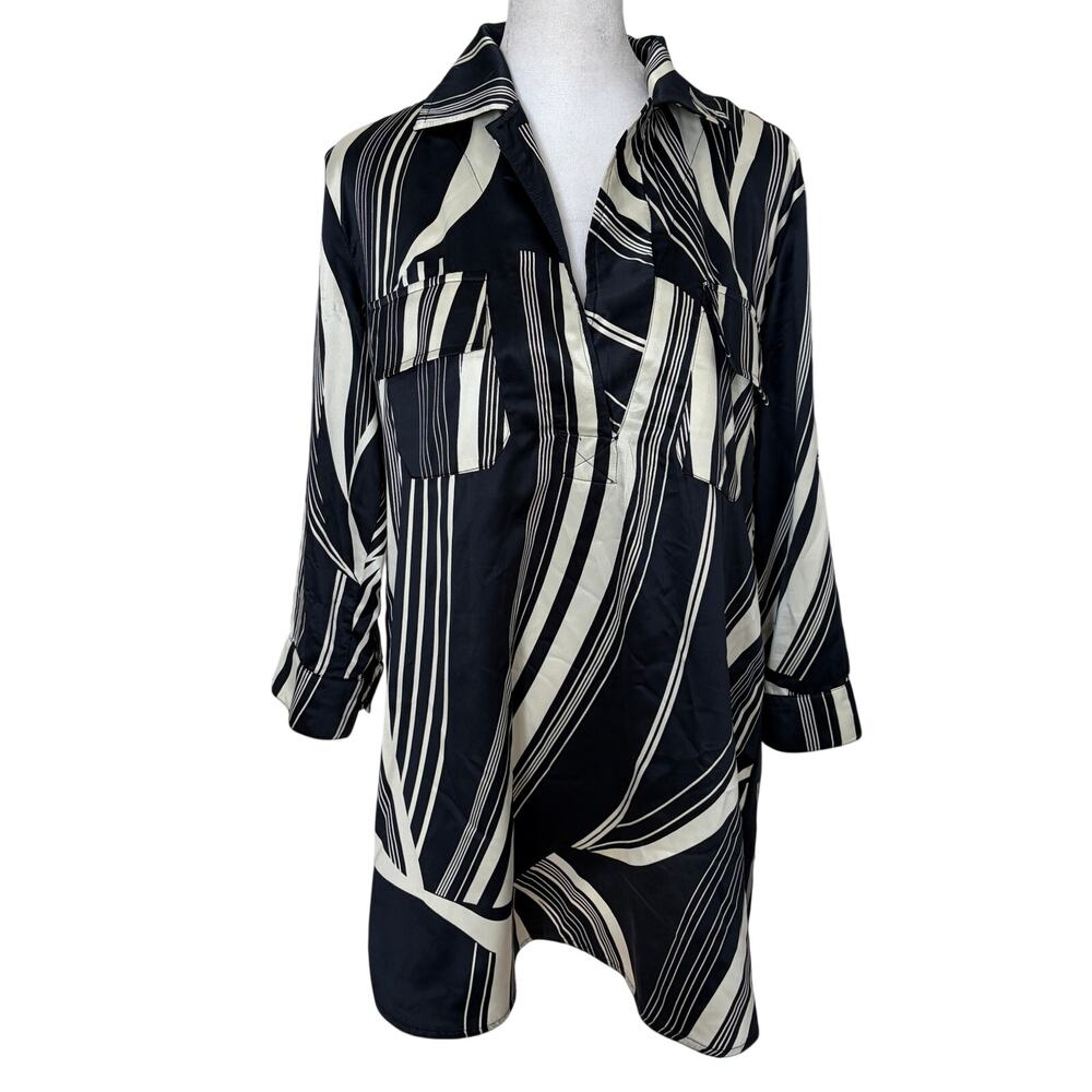 Veronica M. Black, Tan Striped Lagenlook Tunic Blouse Top Womens Size Small